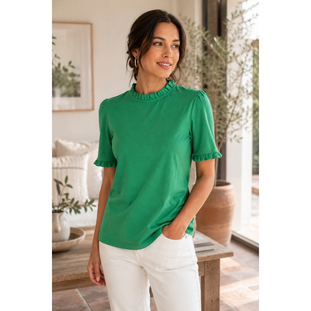 Boden Emerald Green Ruffle Neck Short Sleeve Knit Top Womens US 8 Keyhole Tee